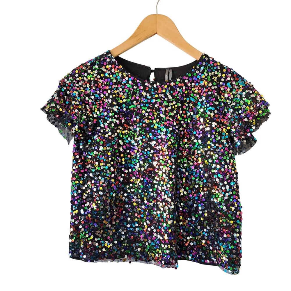 by ANTHROPOLOGIE Pamela Sequin Top Small Black Multicolor Party Sparkle Glam - Picture 9 of 13